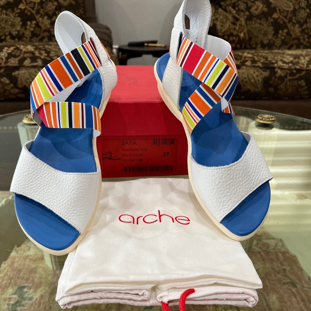 New in Box Arche White leather sandal with multi colored straps